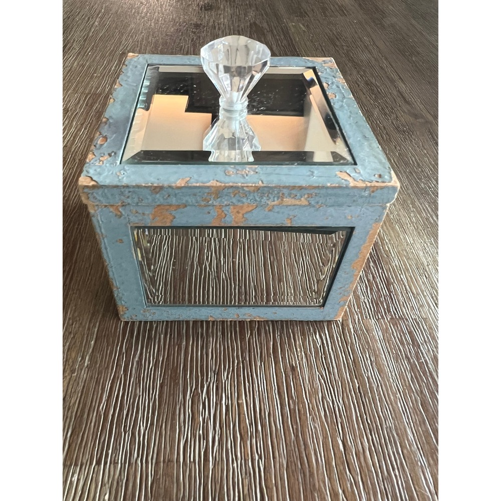 Distressed Blue Mirrored Jewelry Box Shabby Chic Crystal Knob Keepsake Decor